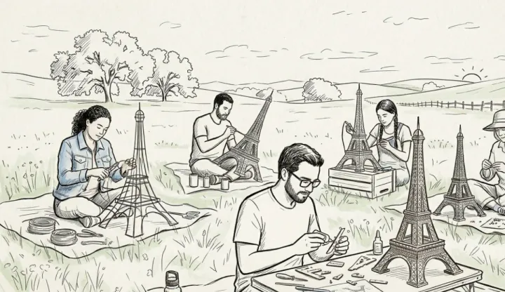 People in a field making their own mini Eiffel Towers - Definitely AI Generated Crap 